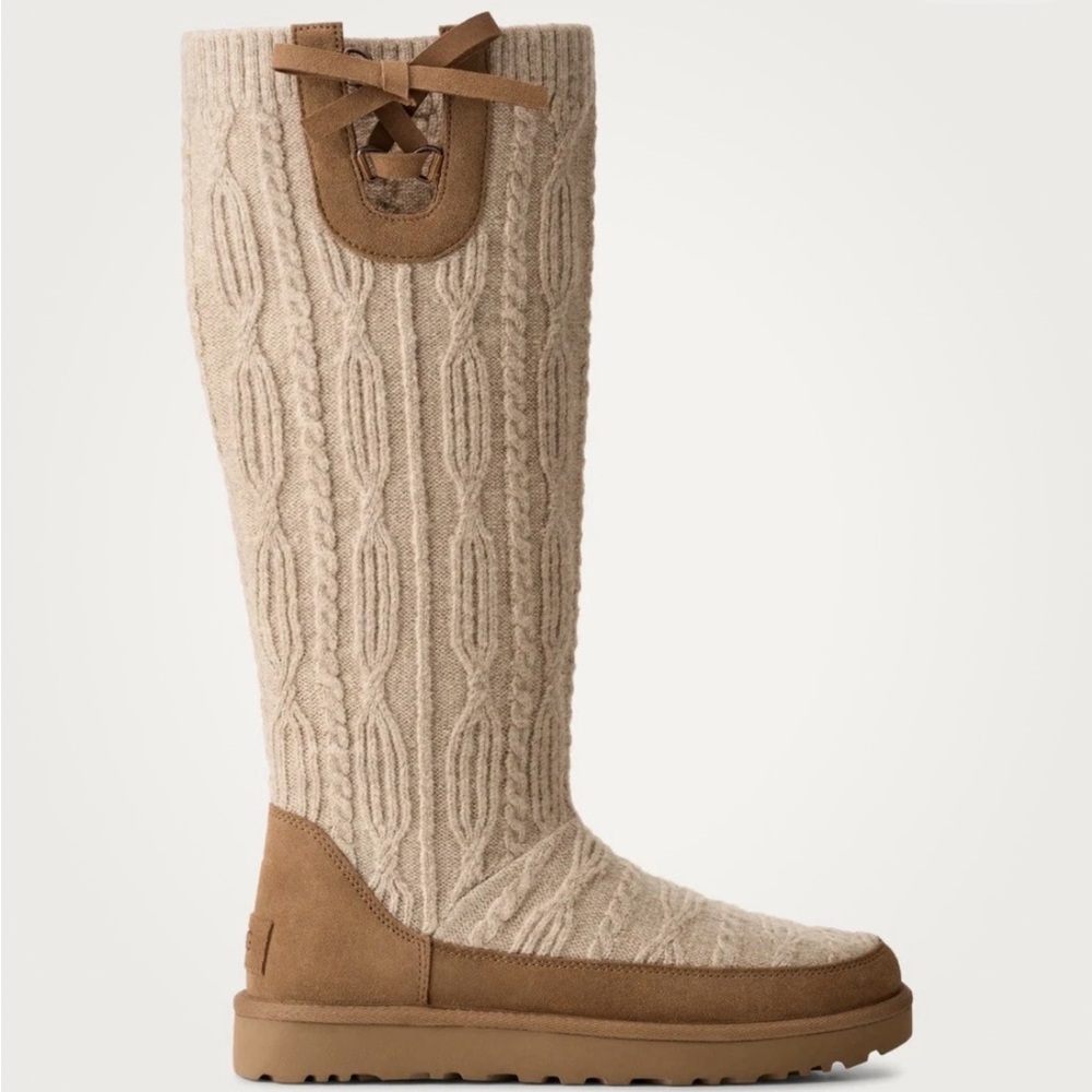 UGG CLASSIC TALL CABELLE KNIT BOOTS IN NEUTRAL/CHESTNUT SZ 6,8 NEW IN BOX